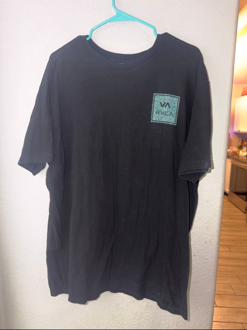 RVCA Black Short-Sleeve Tee with Teal Logo Patch